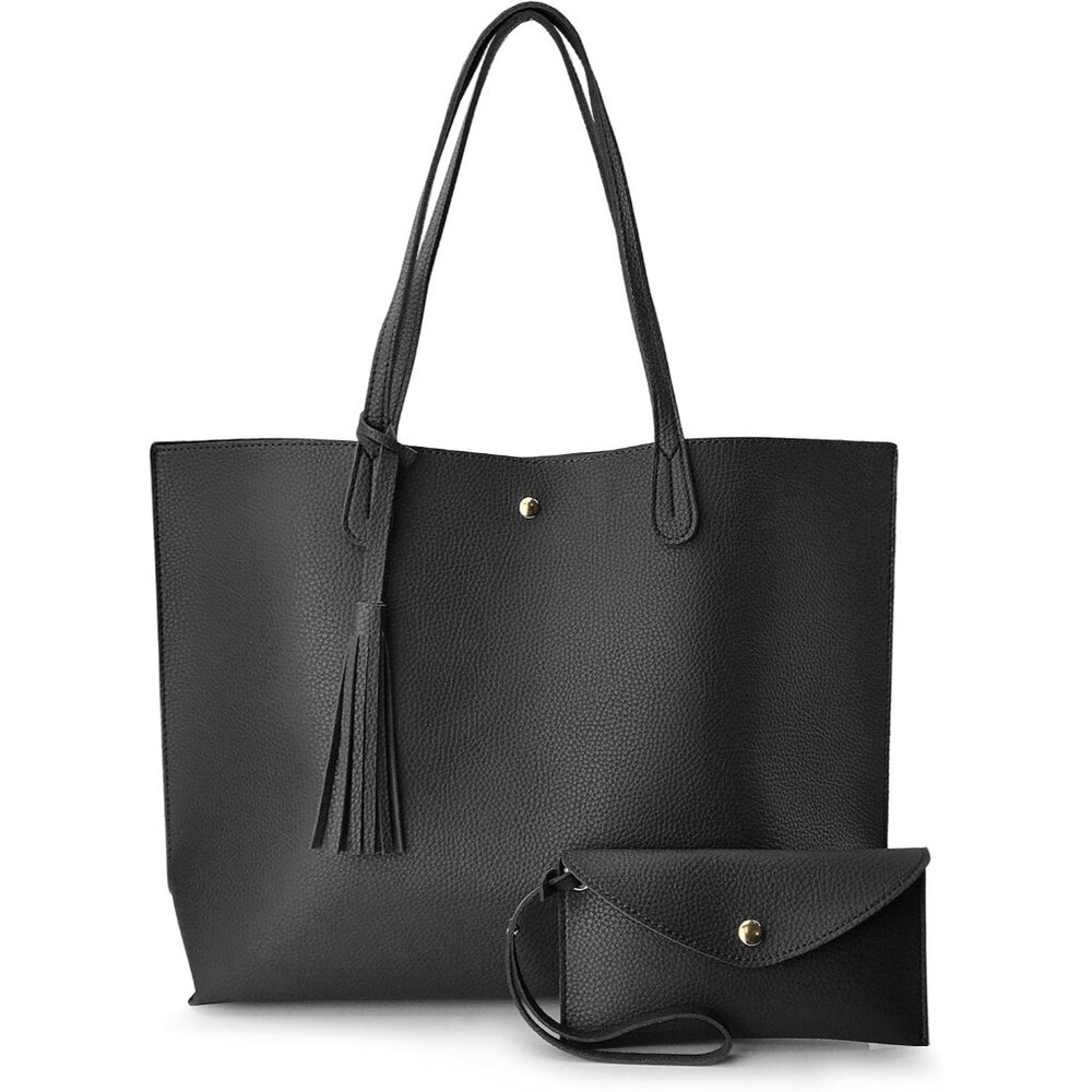 Elegant Women’s Black Faux Leather Tote - Spacious Handbag with Slip Pocket 17”